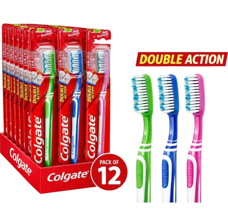 فرشاة أسنان كولجيت دبل أكشن عدد 12 قطعة متوفرة بعدة ألوان