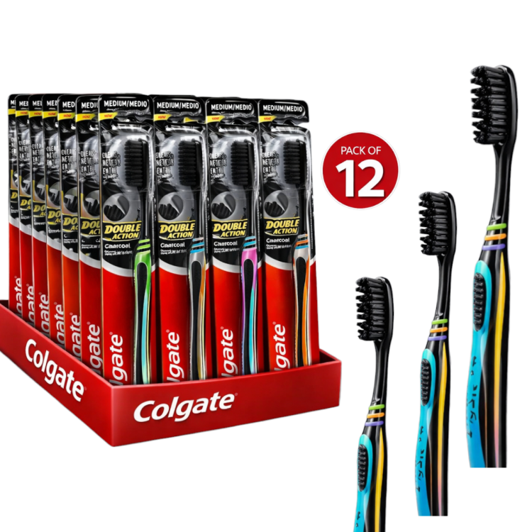 فرشاة اسنان كولجيت ذات شعيرات مشبعة بالفحم  المنشط ومنظفة للسان عدد 12 قطعة 