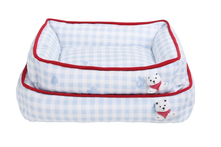 Cozy Checkered Pet Beds with Plush Bear Design – Blue & Red Trim-medium size
