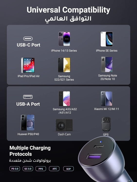 UGREEN CD213 60980 USB-C PD+USB-A QC
W FAST CAR CHARGER GREY(30+22.5)