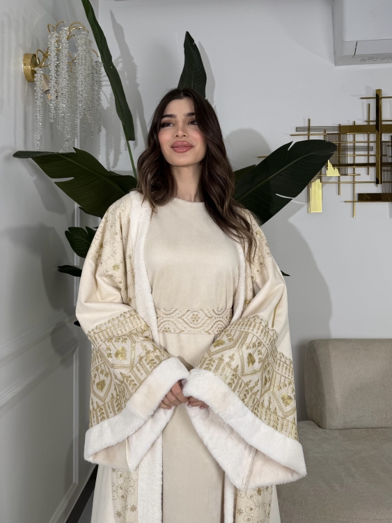 Embroidered Fur Bisht with Suede Dress  جلابية شموخ الفرو