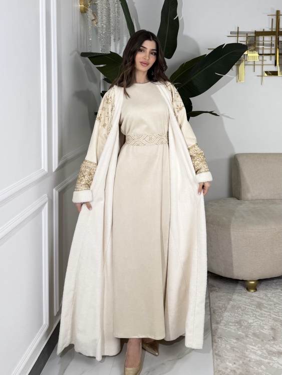 Embroidered Fur Bisht with Suede Dress  جلابية شموخ الفرو