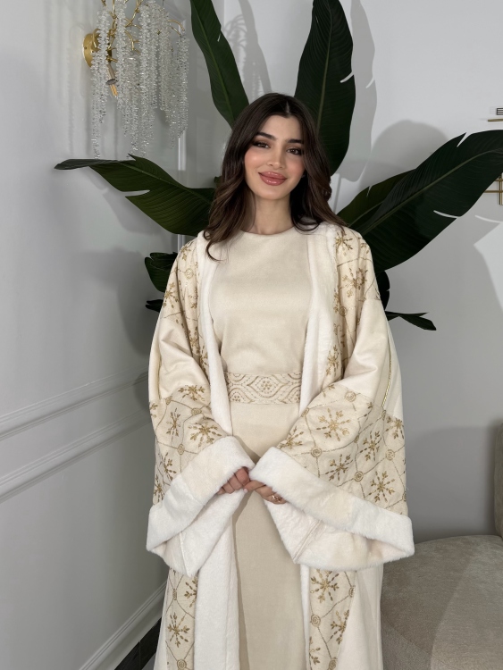 Embroidered Fur Bisht with Suede Dress  جلابية شموخ الفرو