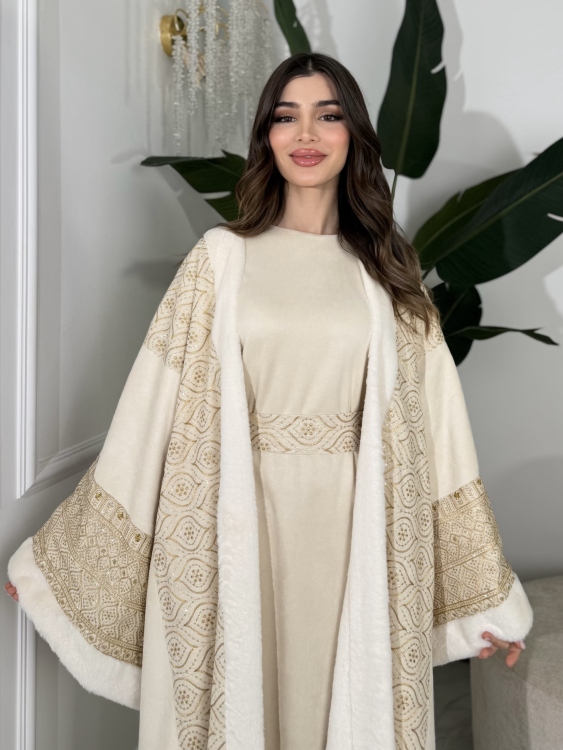 Embroidered Fur Bisht with Suede Dress  جلابية شموخ الفرو