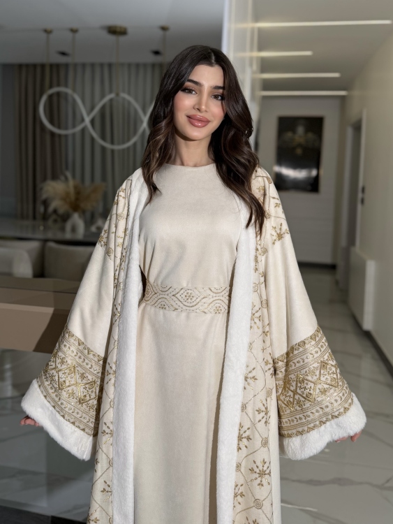 Embroidered Fur Bisht with Suede Dress  جلابية شموخ الفرو