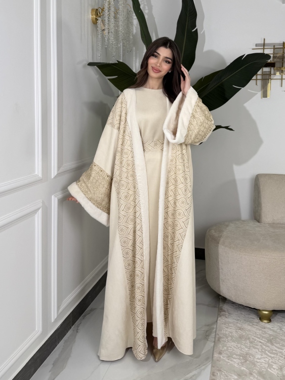 Embroidered Fur Bisht with Suede Dress  جلابية شموخ الفرو