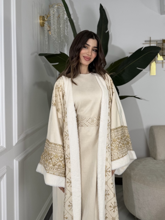 Embroidered Fur Bisht with Suede Dress  جلابية شموخ الفرو