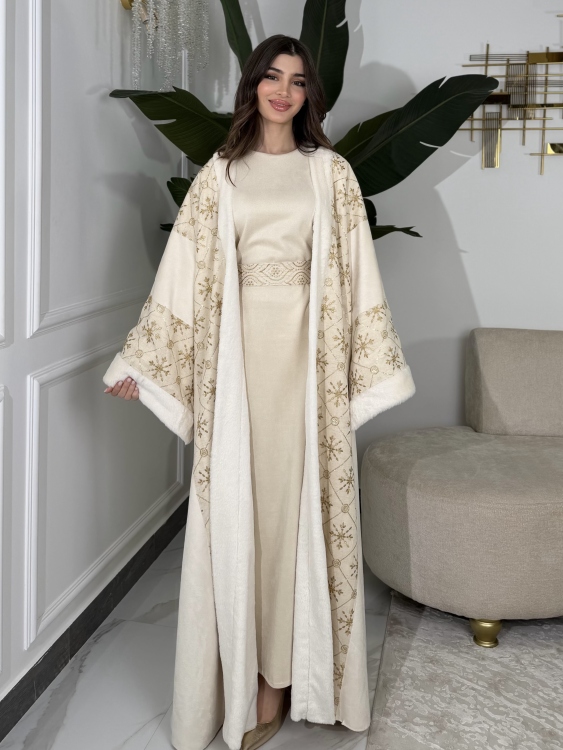 Embroidered Fur Bisht with Suede Dress  جلابية شموخ الفرو