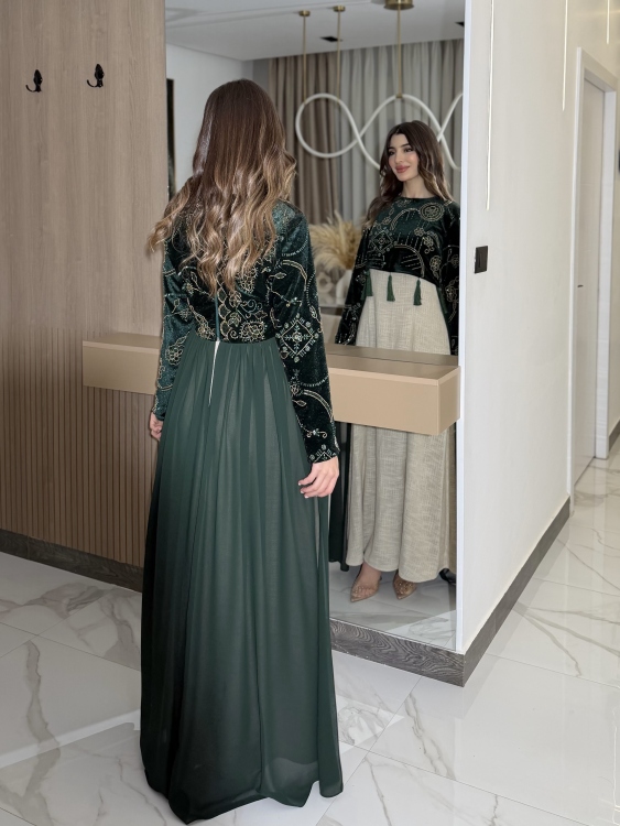 Heavy linen dress paired with a shirred velvet top جلابية وفستان الاميرة 