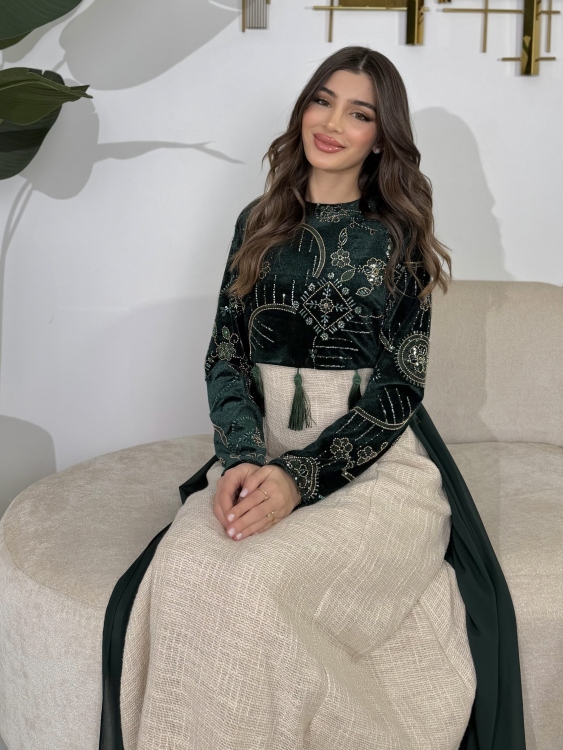 Heavy linen dress paired with a shirred velvet top جلابية وفستان الاميرة 