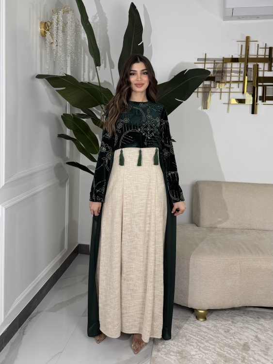 Heavy linen dress paired with a shirred velvet top جلابية وفستان الاميرة 