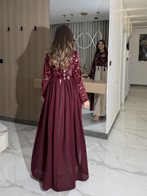 Heavy linen dress paired with a shirred velvet top