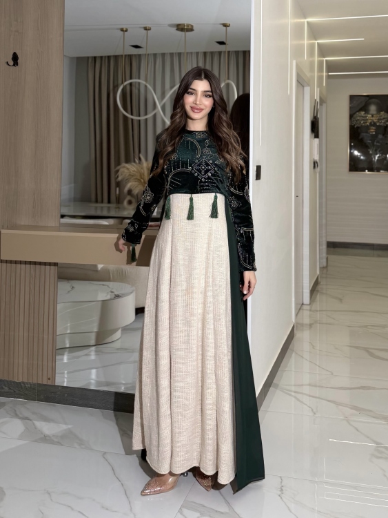 Heavy linen dress paired with a shirred velvet top جلابية وفستان الاميرة 