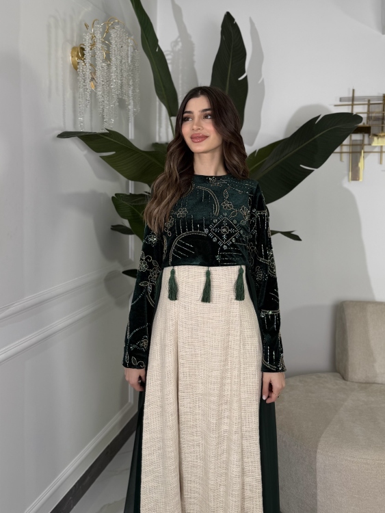 Heavy linen dress paired with a shirred velvet top جلابية وفستان الاميرة 