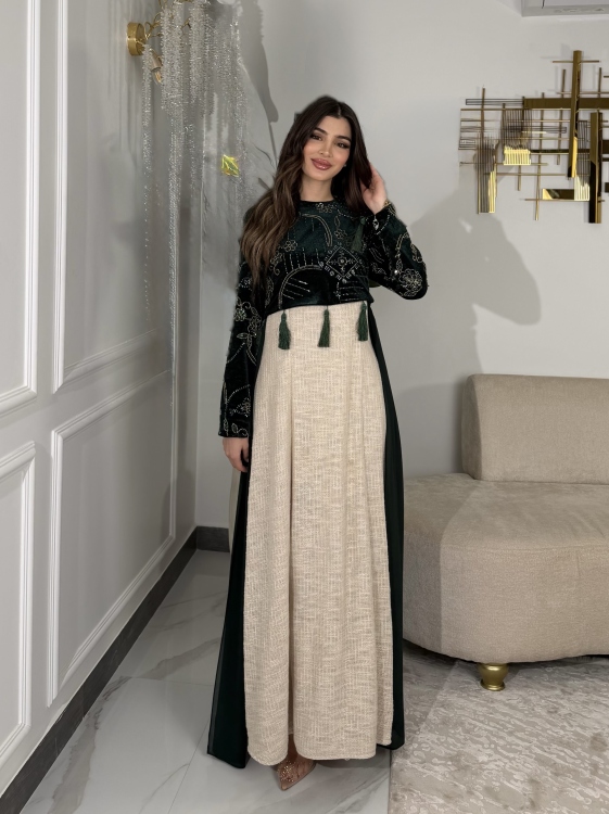 Heavy linen dress paired with a shirred velvet top جلابية وفستان الاميرة 