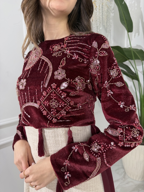 Heavy linen dress paired with a shirred velvet top