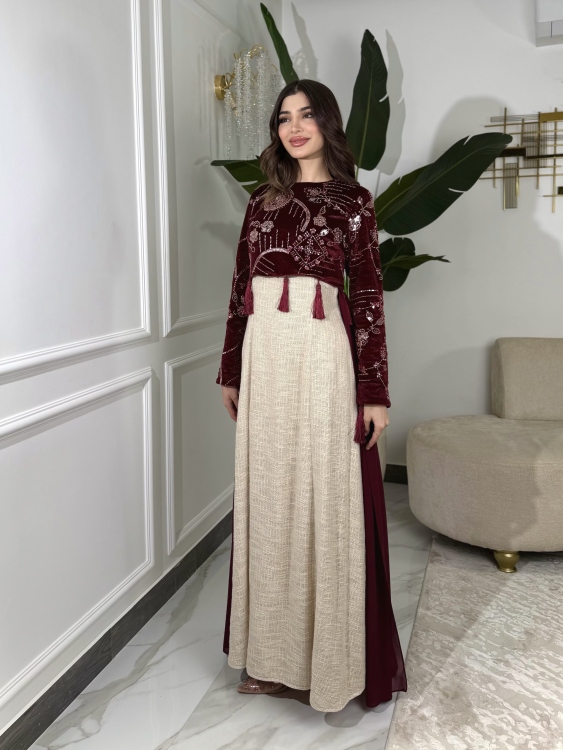 Heavy linen dress paired with a shirred velvet top