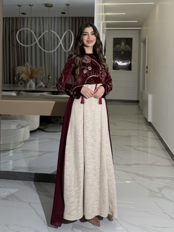 Heavy linen dress paired with a shirred velvet top