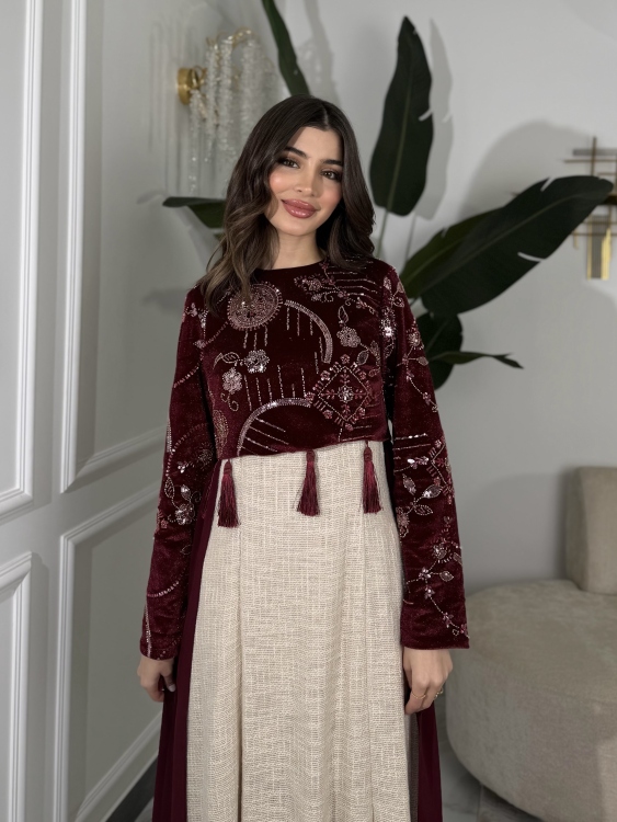 Heavy linen dress paired with a shirred velvet top