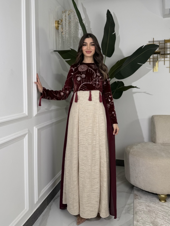 Heavy linen dress paired with a shirred velvet top