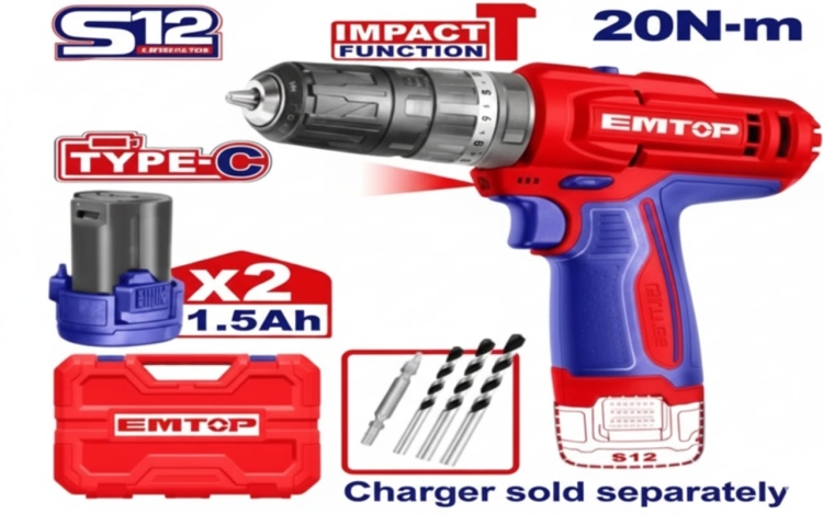 درل شحن شاكوش مع 2 بطاريه  10 ملم ECIDL12206     12 V Type-C 