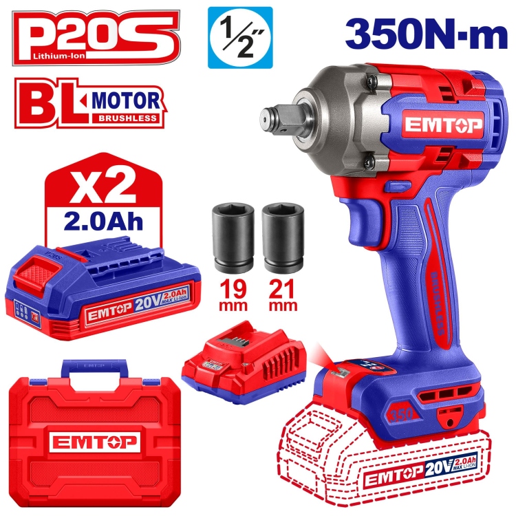 درل بكسات  20V 350N شحن  2 بطاريه و شاحن   ("1/2)   ECIWL2035     Brushless Motor  