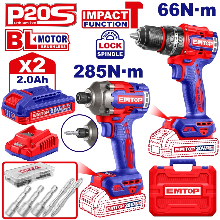 طقم 2 قطعه درل شاكوش 13 ملم + درل براغي 20v  مع 2 بطاريه و شاحنECKL20277      Brushless Motor   