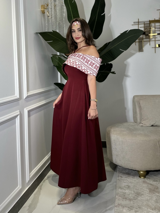 Off-Shoulder Henna Dress ثوب ساندرا 