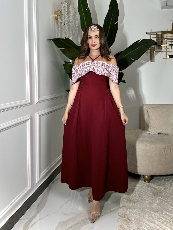 Off-Shoulder Henna Dress ثوب ساندرا 