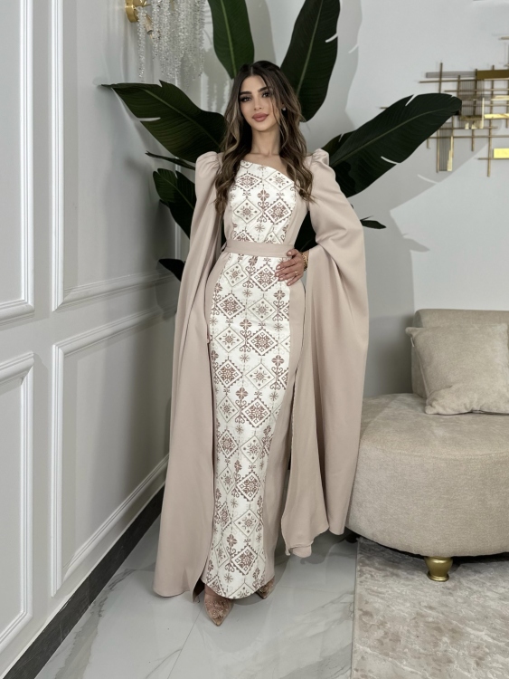 Puffed ‏Shoulder ‏Henna ‏Dress (سلوى بيج)