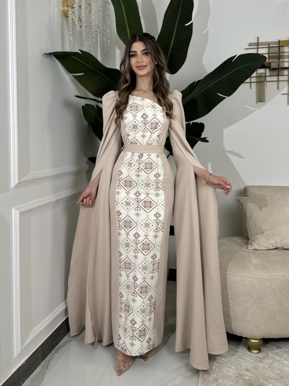 Puffed ‏Shoulder ‏Henna ‏Dress (سلوى بيج)