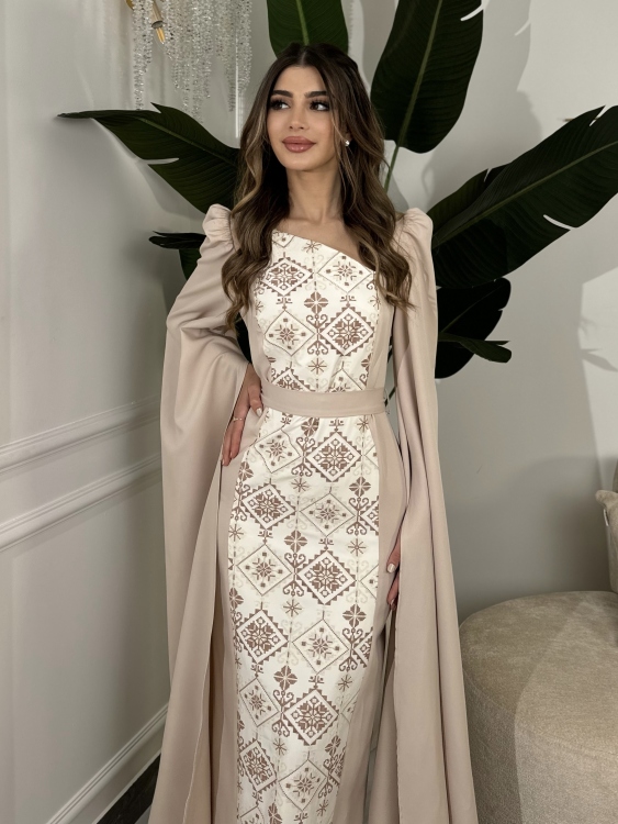 Puffed Shoulder Henna Dress ( سلوى بيج)