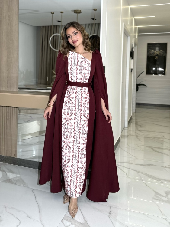 Puffed Shoulder Henna Dress (سلوى خمري)