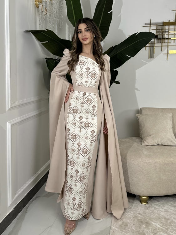 Puffed Shoulder Henna Dress ( سلوى بيج)