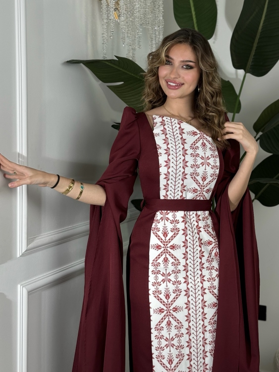 Puffed Shoulder Henna Dress (سلوى خمري)