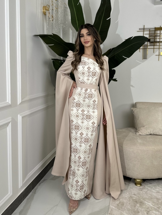 Puffed ‏Shoulder ‏Henna ‏Dress (سلوى بيج)