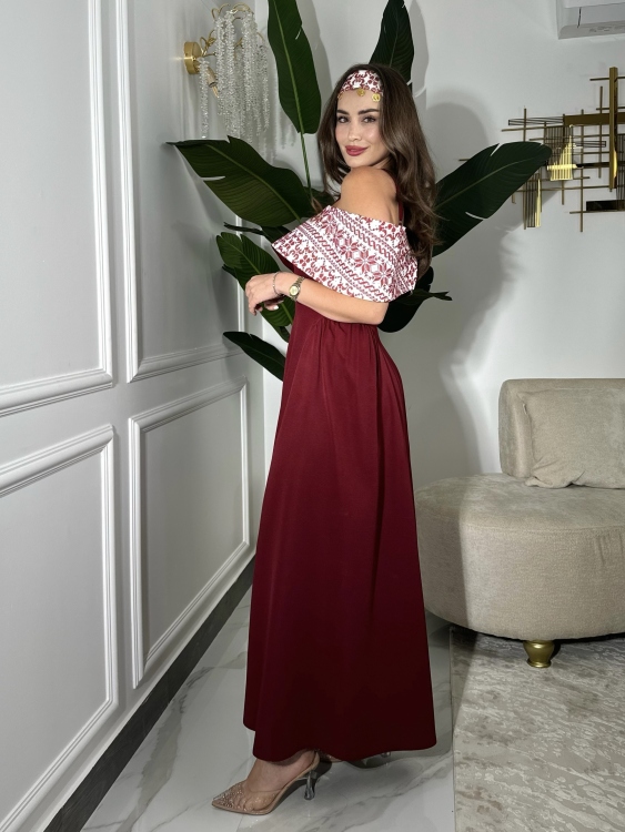 Off-Shoulder Henna Dress ثوب ساندرا 
