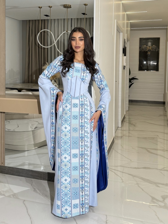 Baby Blue Henna Dress with Long Sleeves & Fixed Corset Style (سلطانة)