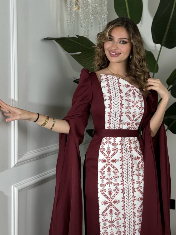 Puffed Shoulder Henna Dress (سلوى خمري)