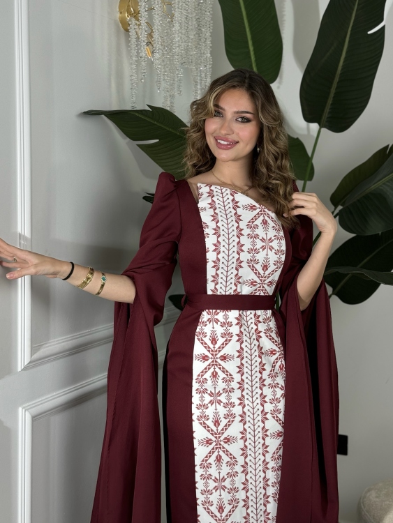 Puffed Shoulder Henna Dress (سلوى خمري)