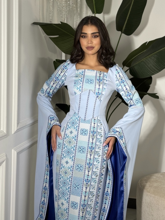 Baby Blue Henna Dress with Long Sleeves & Fixed Corset Style (سلطانة)