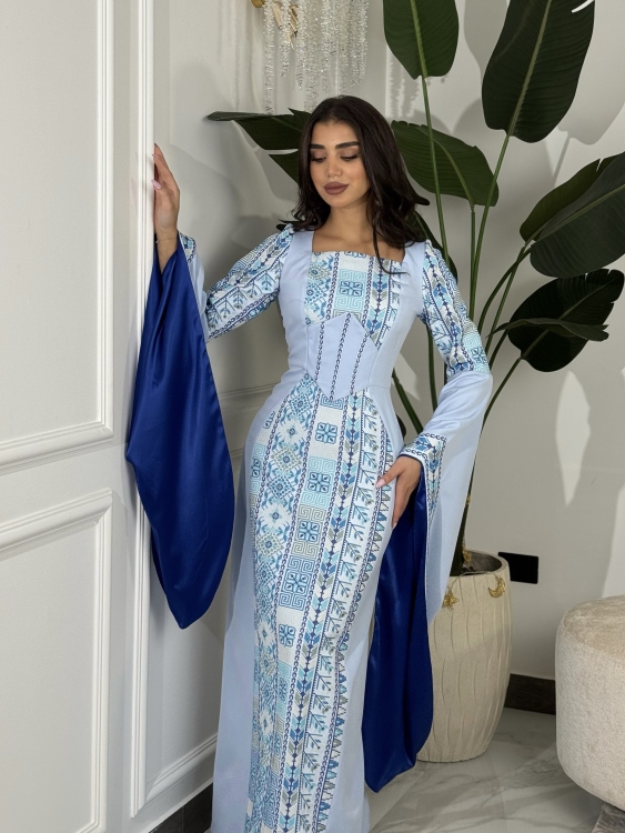 Baby Blue Henna Dress with Long Sleeves & Fixed Corset Style (سلطانة)
