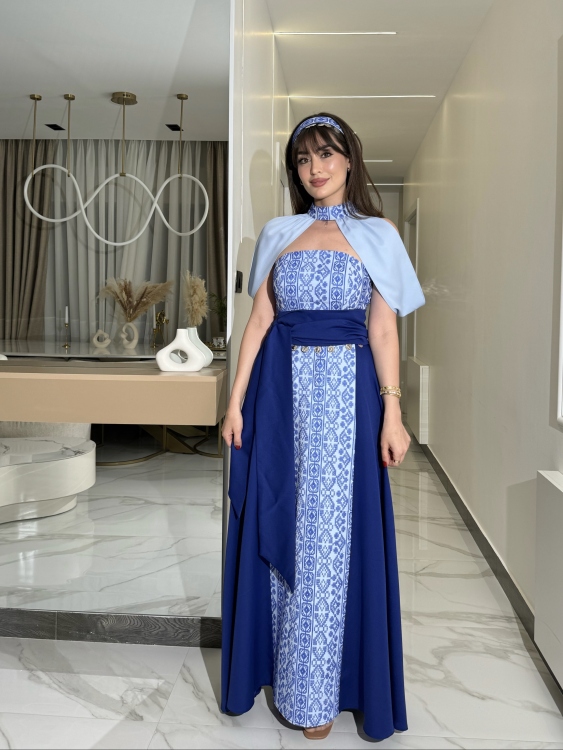 ‏(blue )Henna Embroidery Dress