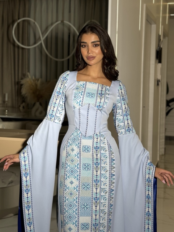 Baby Blue Henna Dress with Long Sleeves & Fixed Corset Style (سلطانة)