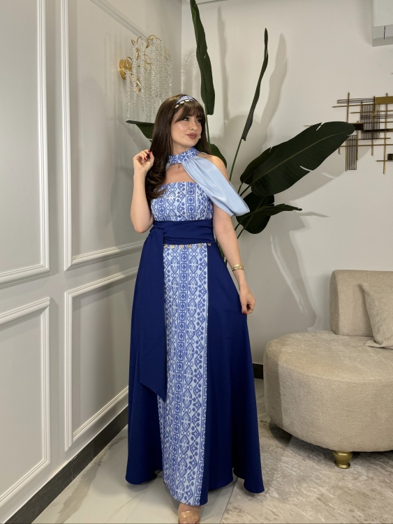 ‏(blue )Henna Embroidery Dress