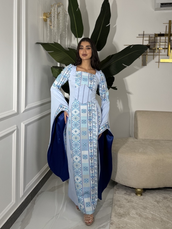 Baby Blue Henna Dress with Long Sleeves & Fixed Corset Style (سلطانة)