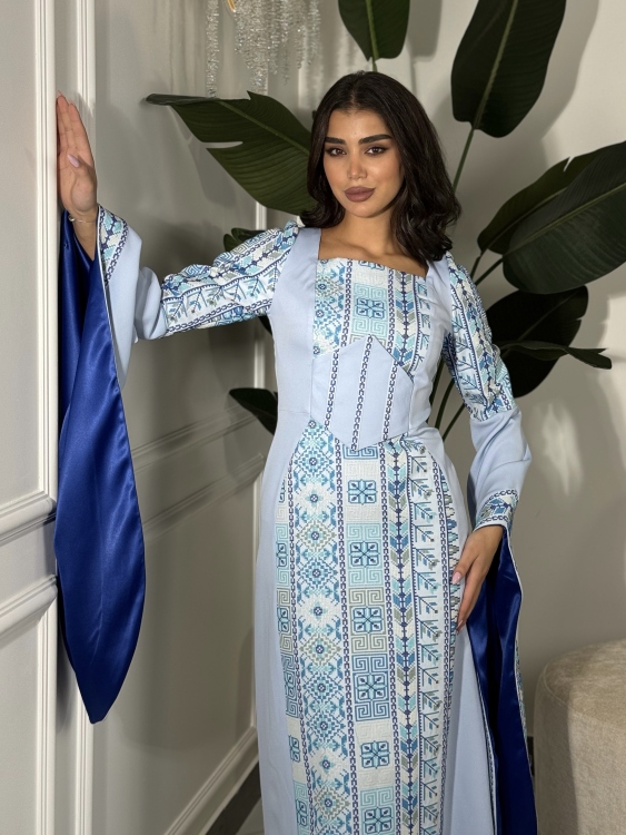 Baby Blue Henna Dress with Long Sleeves & Fixed Corset Style (سلطانة)