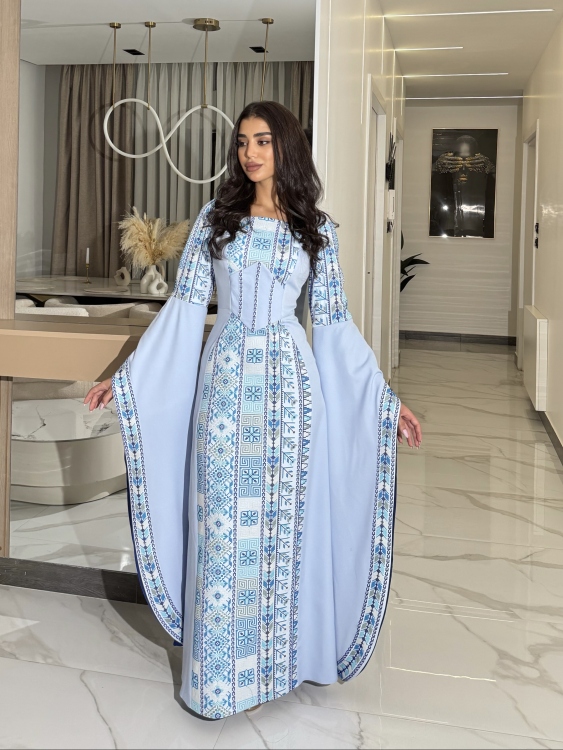 Baby Blue Henna Dress with Long Sleeves & Fixed Corset Style (سلطانة)