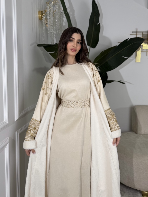 Embroidered Fur Bisht with Suede Dress  جلابية شموخ الفرو