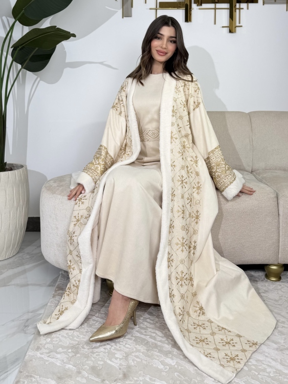 Embroidered Fur Bisht with Suede Dress  جلابية شموخ الفرو